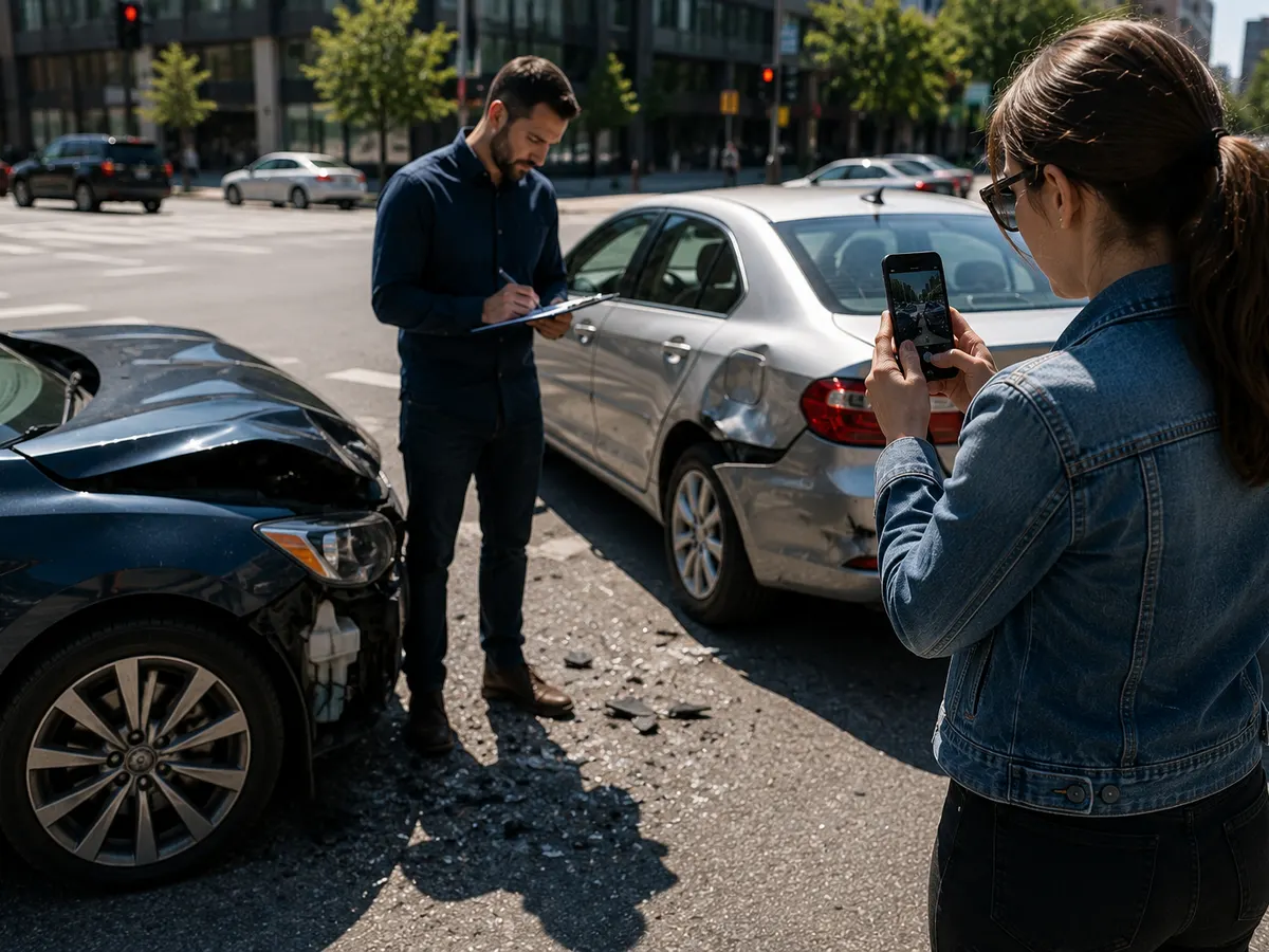 A driver photographing damage at the scene of a two car collision while a second person takes notes