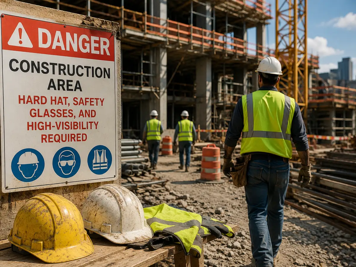 A construction site safety sign requiring hard hats and high visibility vests, with workers on the site behind it