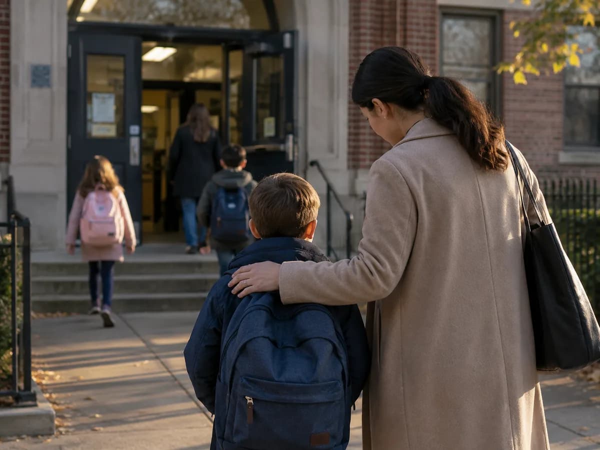 A mother walking her son to the door of his school on an autumn morning