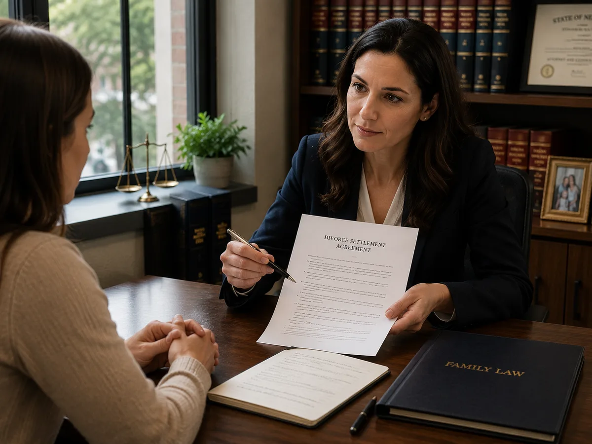 An attorney explaining a family law document to a client in her office