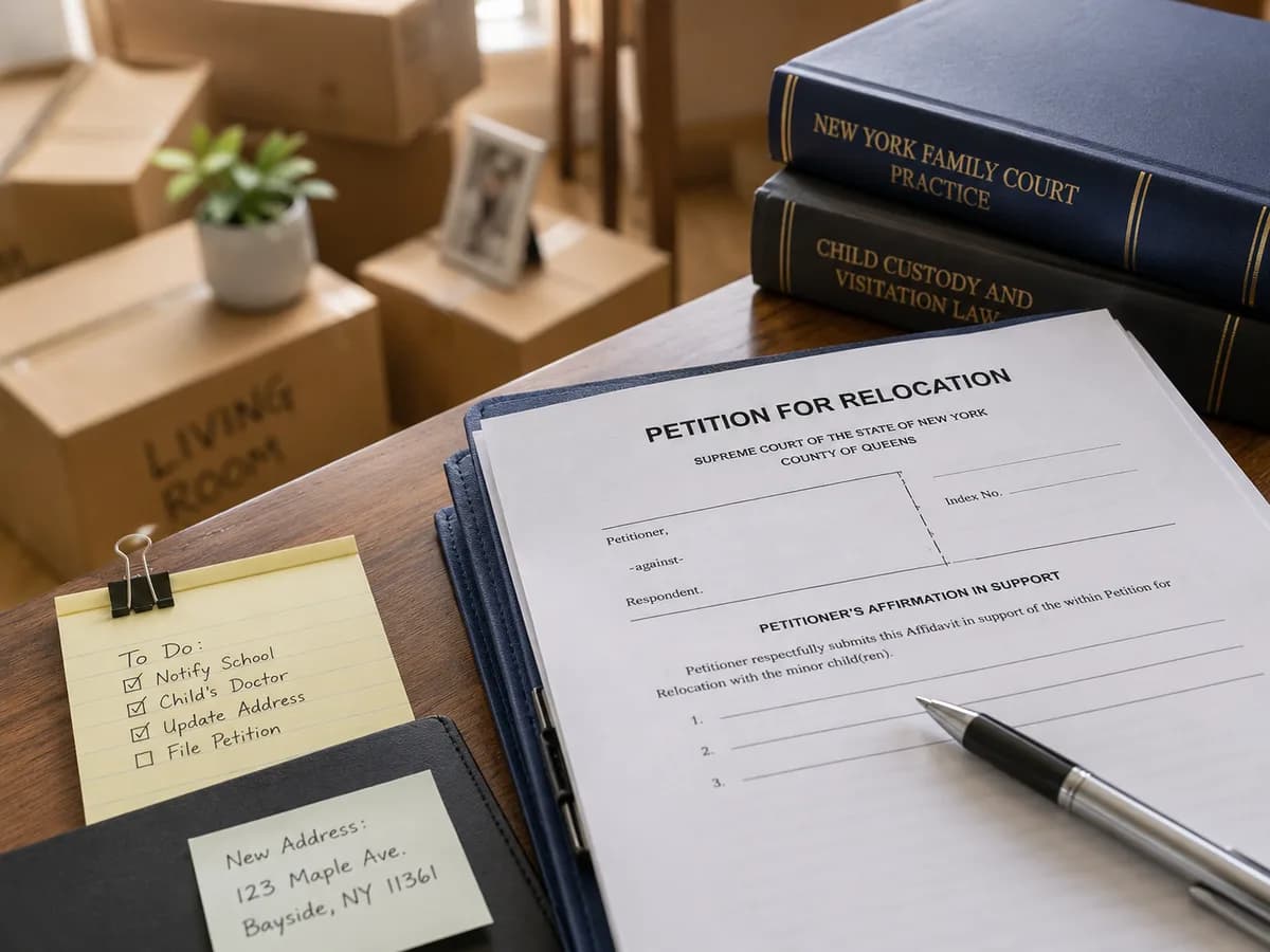 A petition for relocation on a desk beside packed moving boxes and family law texts