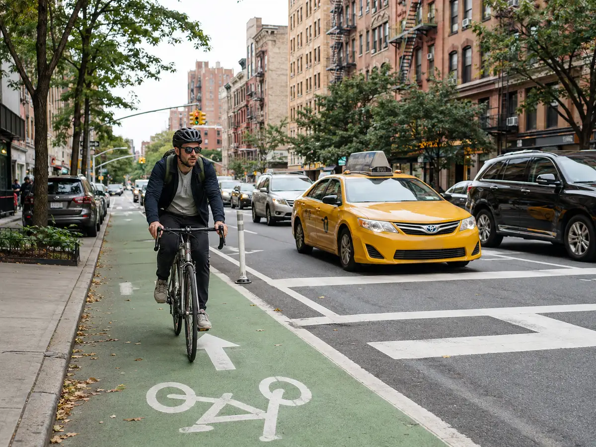 A cyclist riding in a green painted New York City bike lane alongside a taxi and traffic