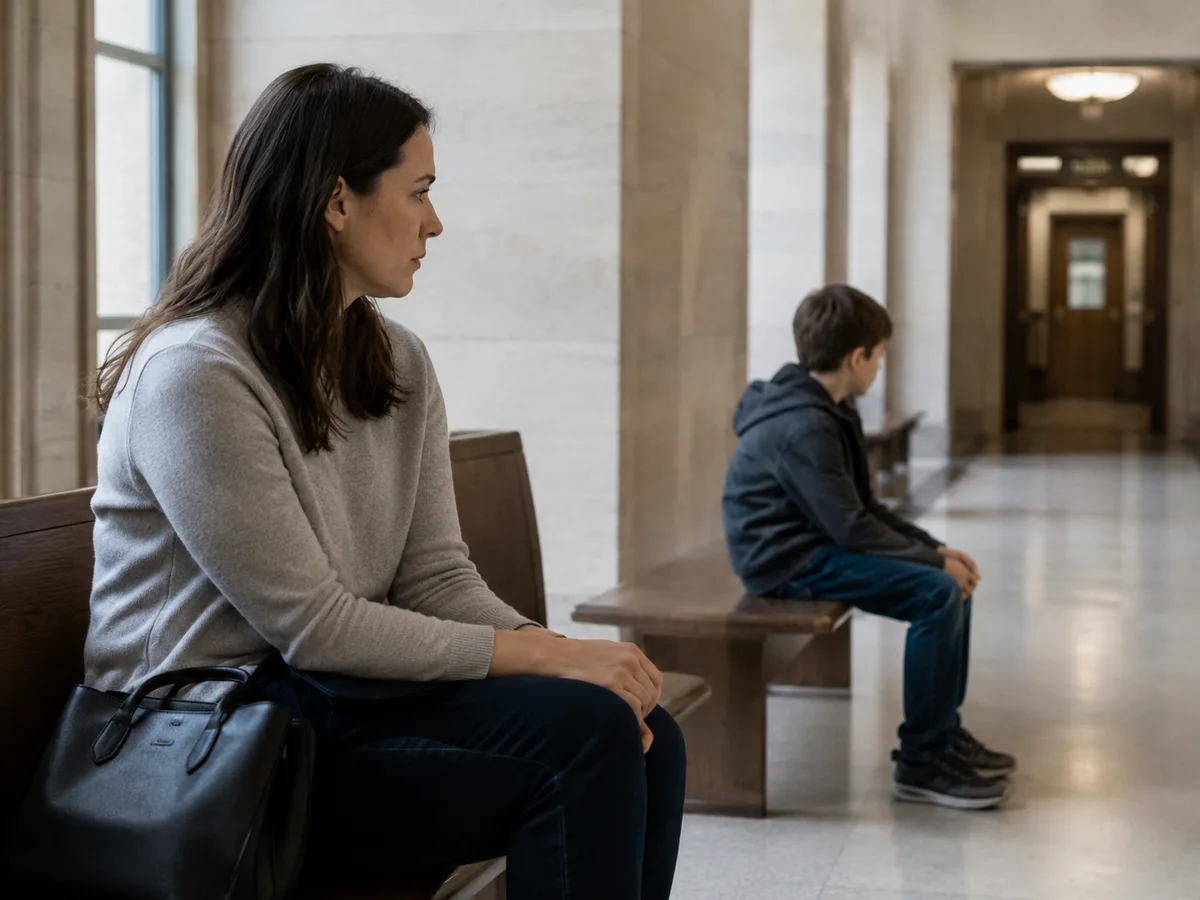 A mother and her son waiting on separate benches in a courthouse corridor