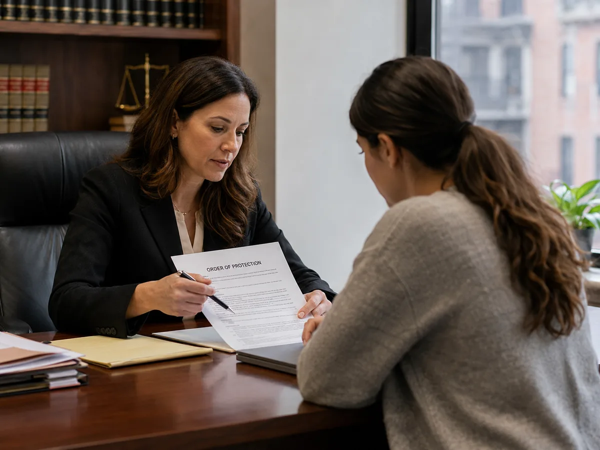 An attorney reviewing an order of protection with a client across her desk