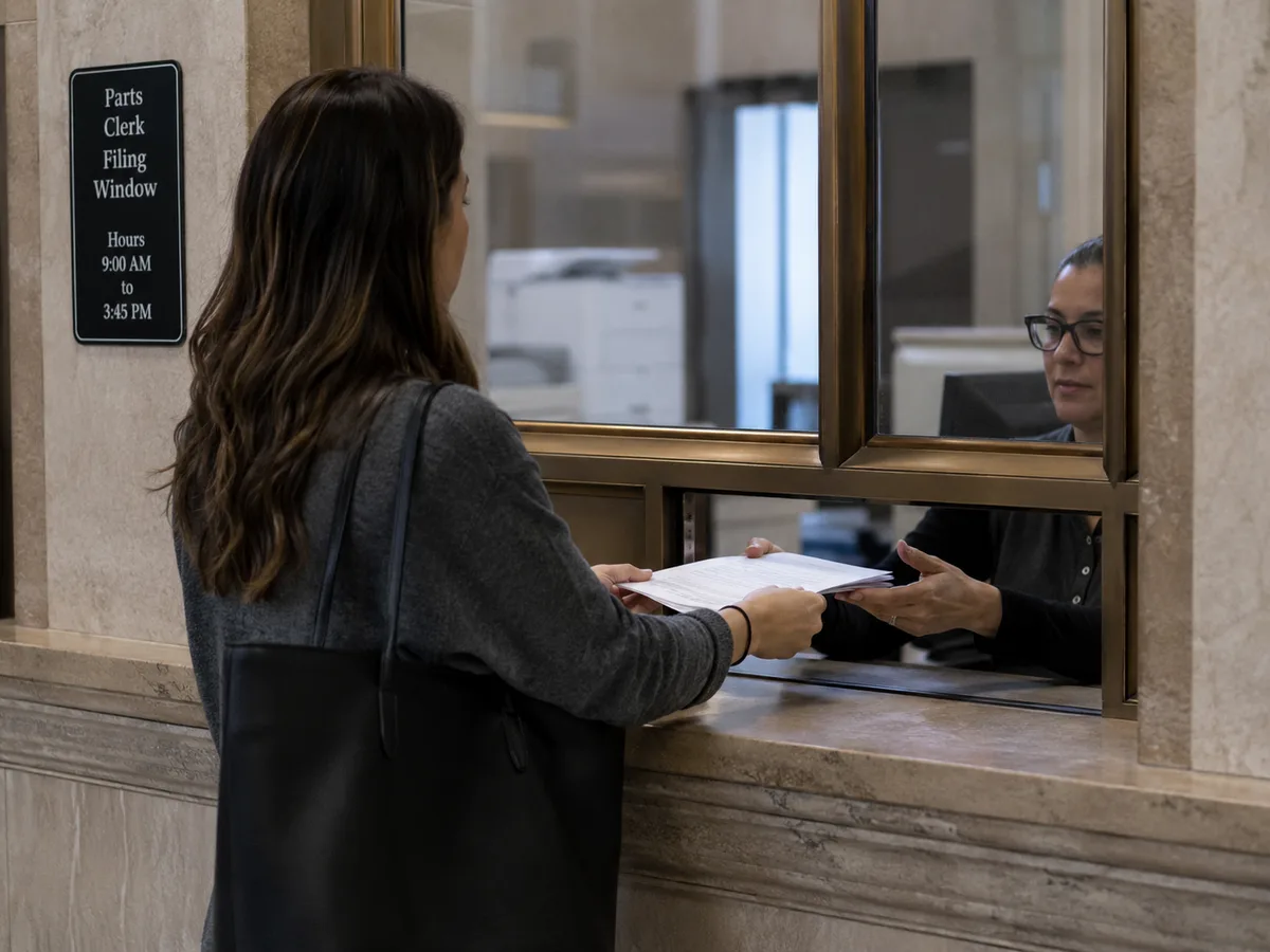 A woman handing paperwork through a courthouse clerk's filing window