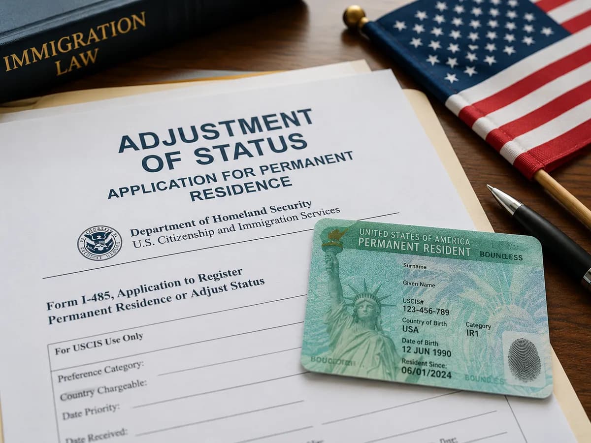 An I-485 adjustment of status application beside a permanent resident card
