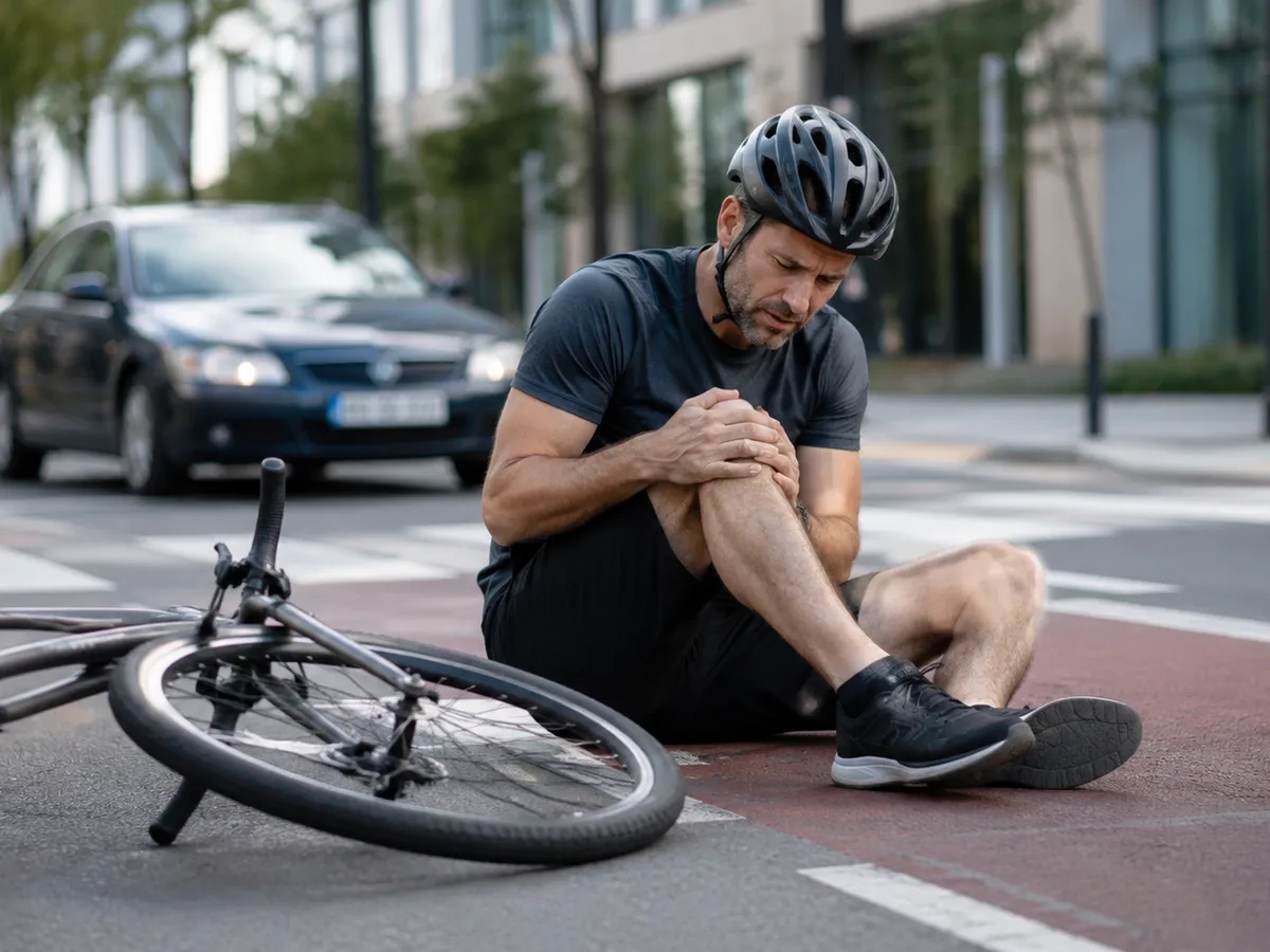 A cyclist sitting in a bike lane holding an injured knee after a collision