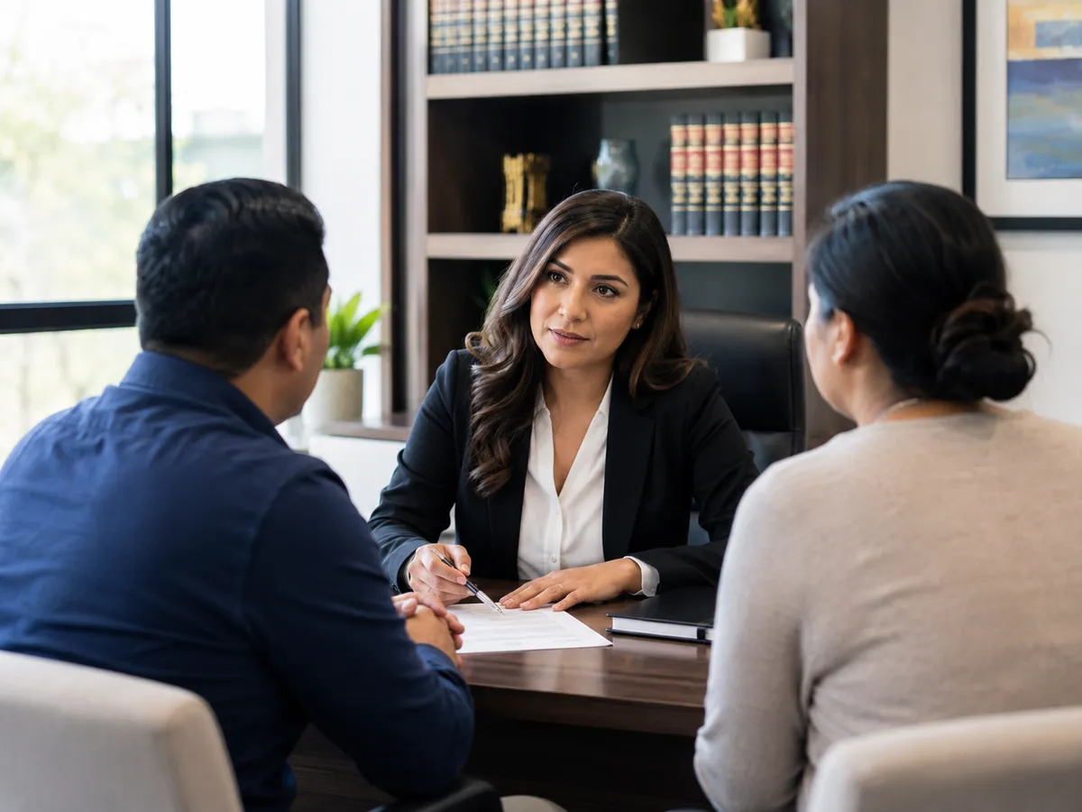 An immigration attorney advising a couple across her desk