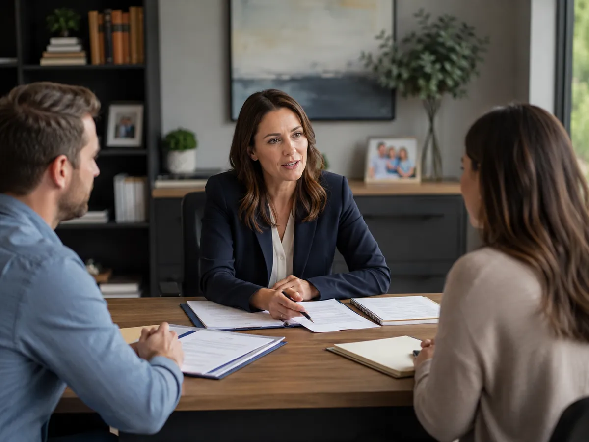 An attorney reviewing child support paperwork with a parent