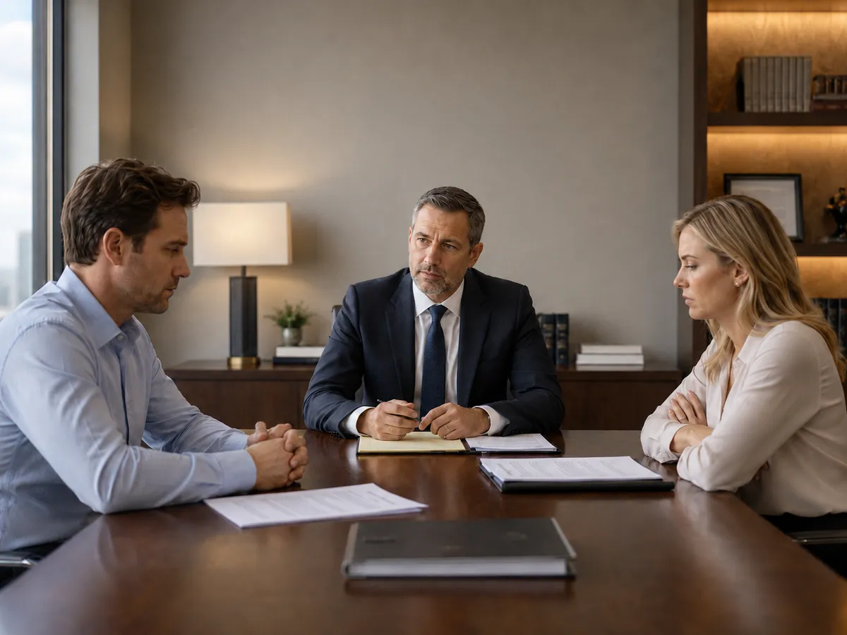 A client meeting with a divorce attorney to review her options