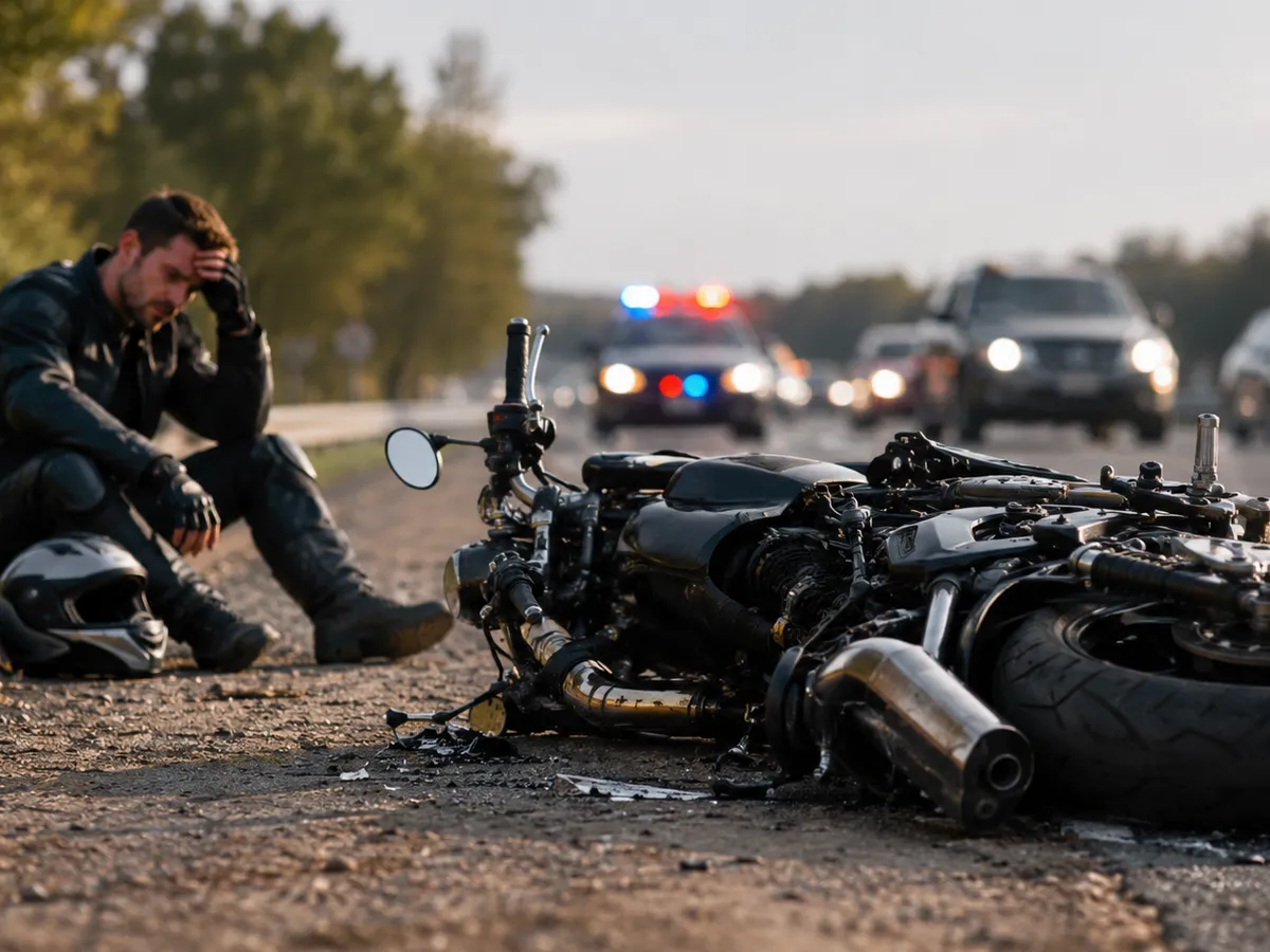 A rider sitting beside his motorcycle after a crash as emergency lights approach