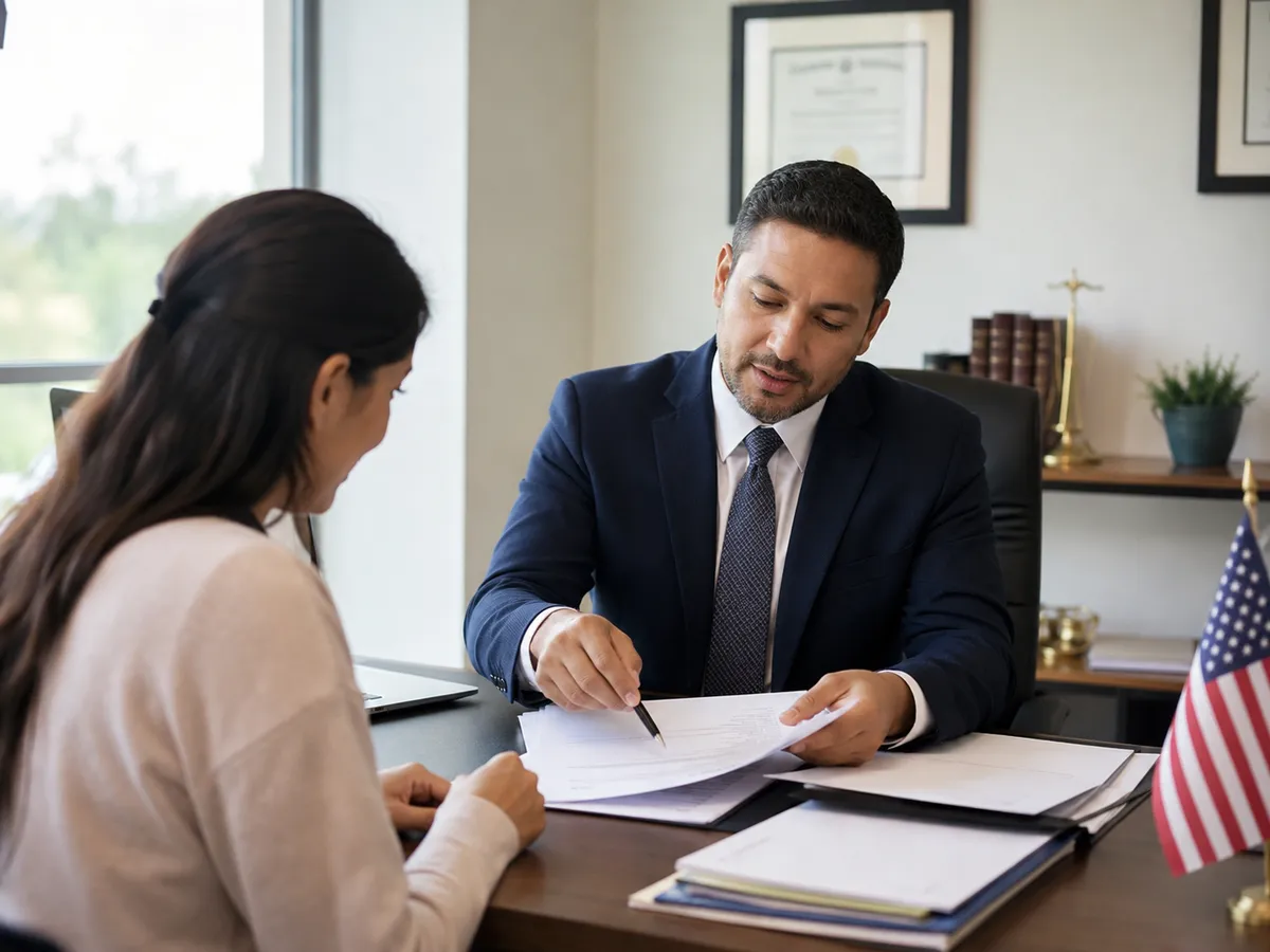 An attorney walking a client through her naturalization paperwork
