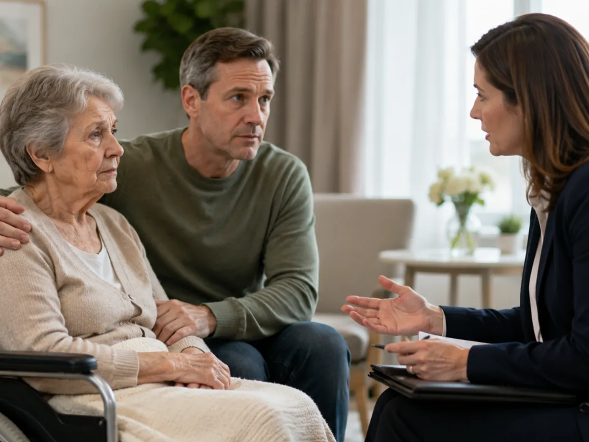 An attorney speaking with an elderly nursing home resident and her son