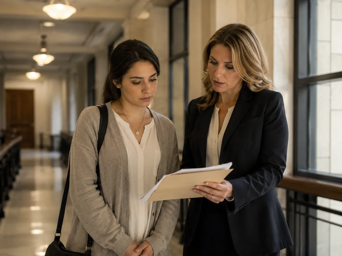 An attorney reviewing an order of protection with a client at the courthouse