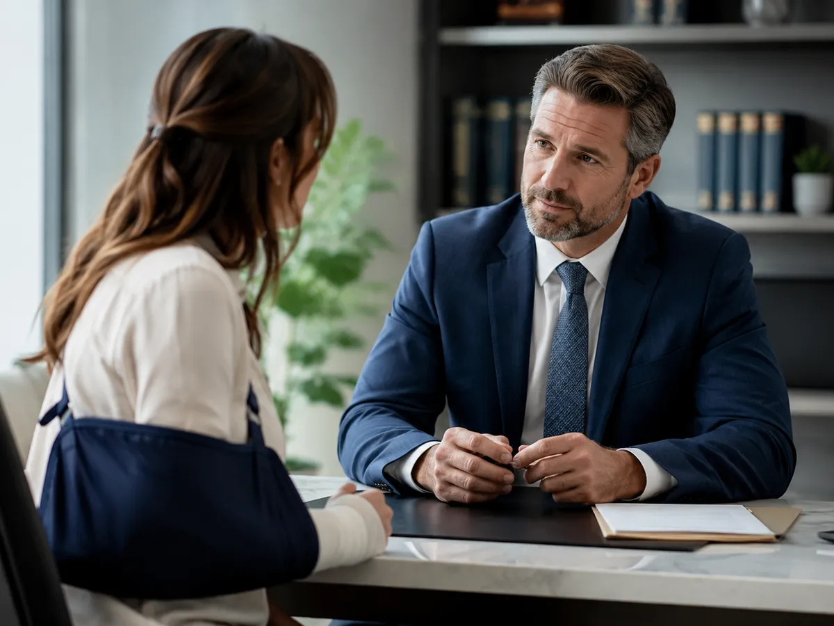An injured client in an arm sling meeting with a personal injury attorney