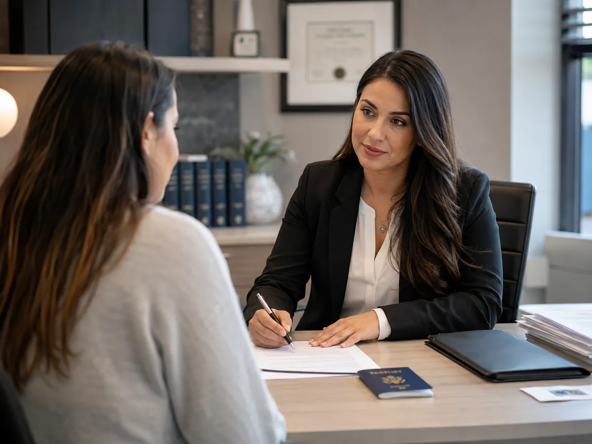 An attorney reviewing paperwork with a client, a US passport on the desk