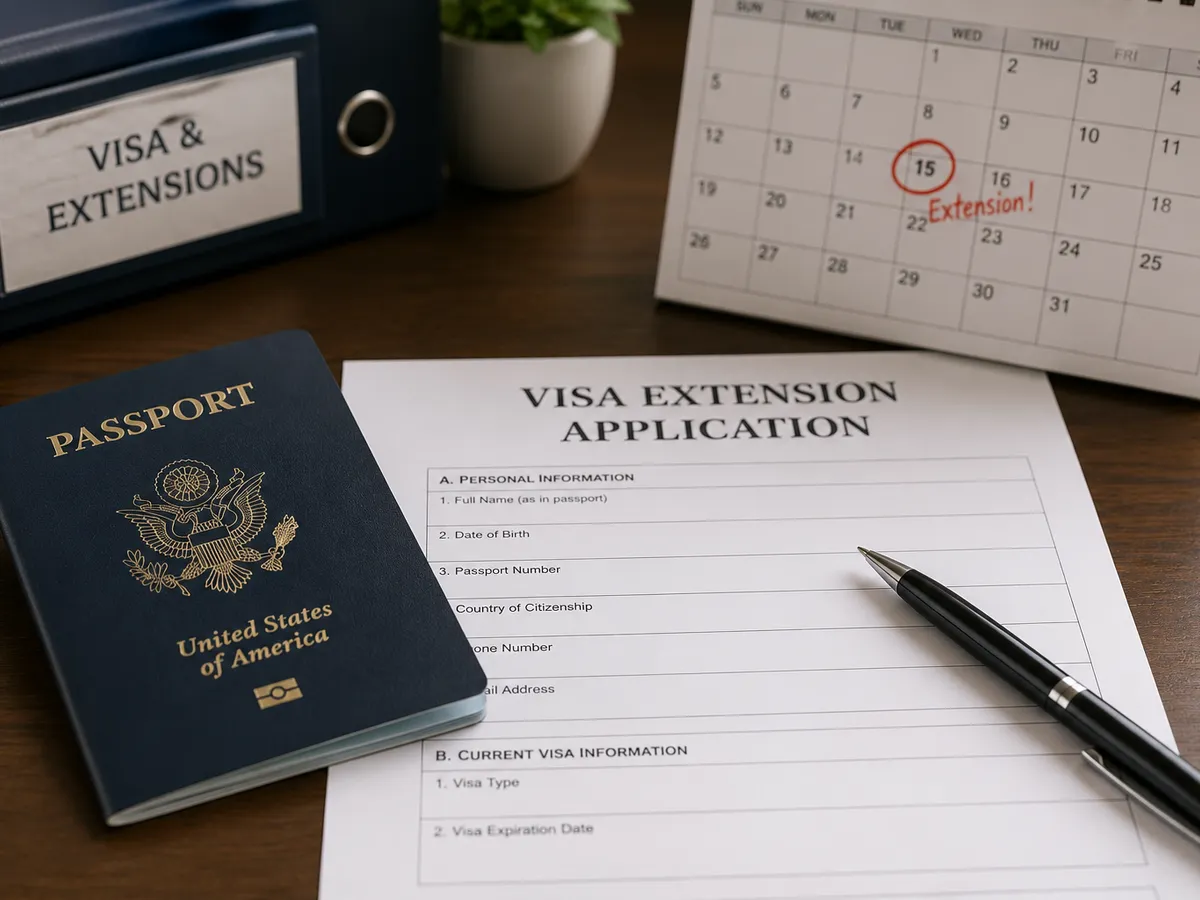 A US passport beside a visa extension application form and a calendar