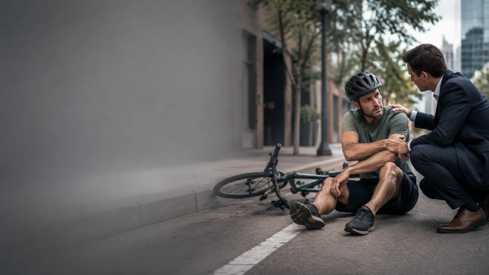 A cyclist sitting in a bike lane holding an injured knee after a collision