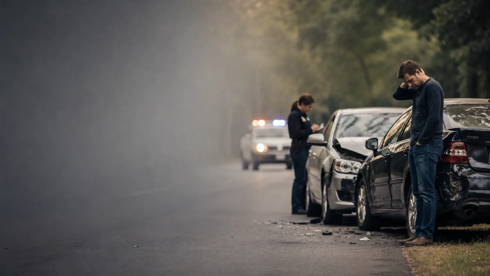 A driver calling for help beside his wrecked car as an ambulance arrives