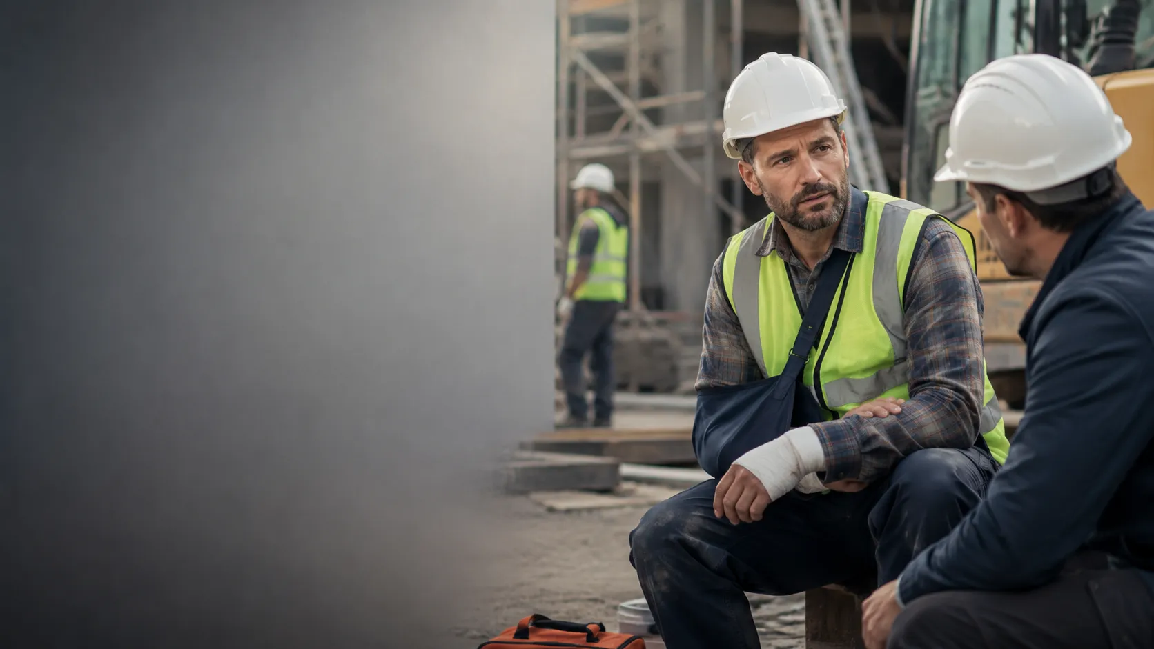 An injured construction worker holding his shoulder at a job site