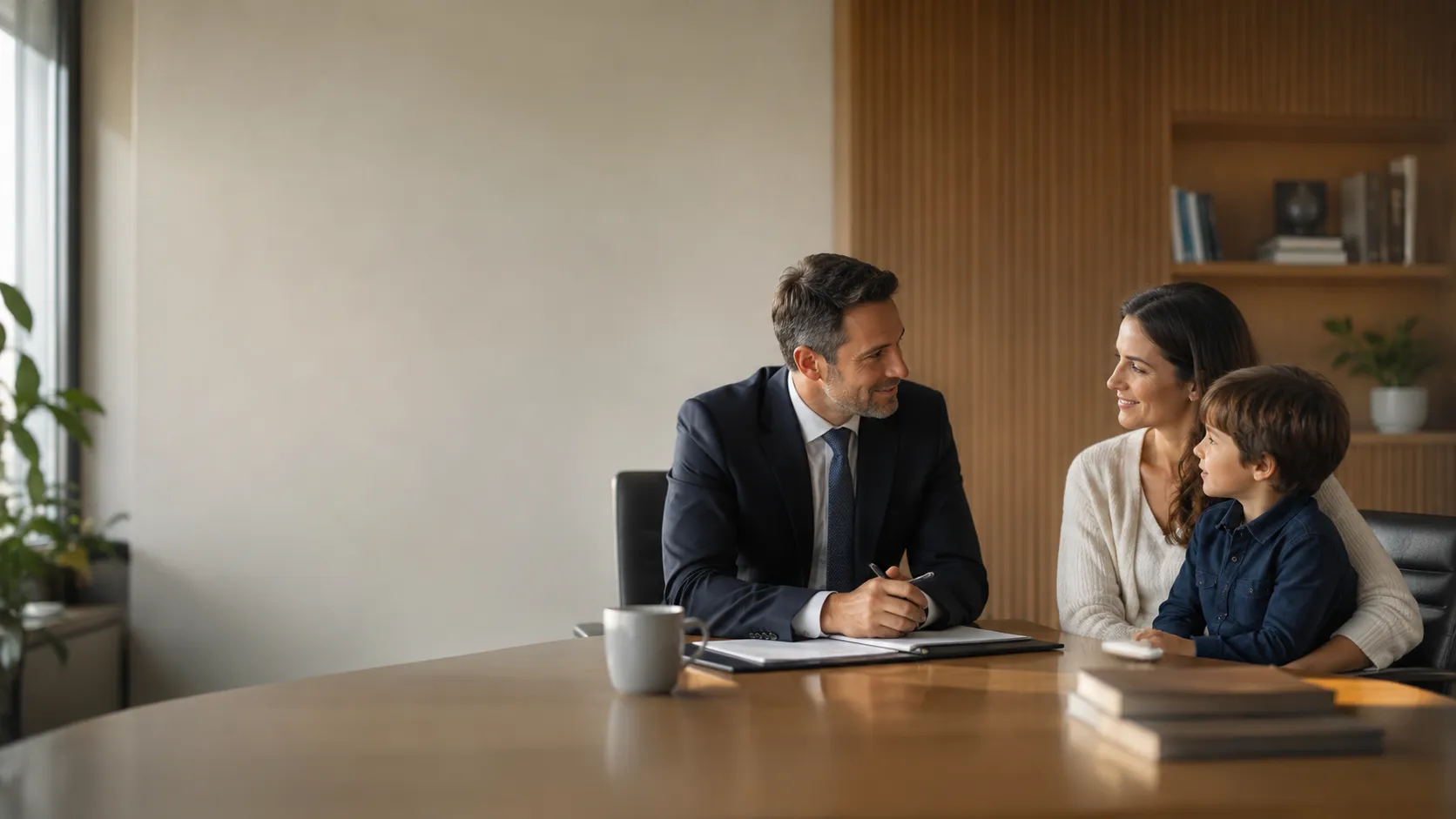 A family law attorney reviewing a case file with a client