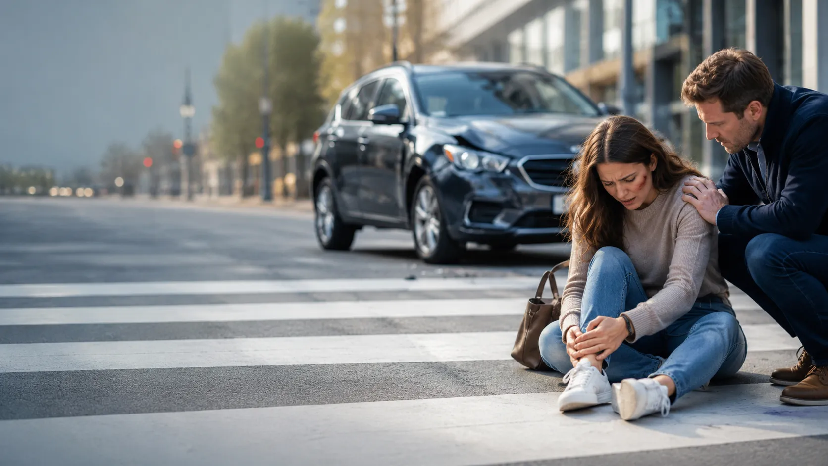 A pedestrian injured in a crosswalk collision waiting for help to arrive