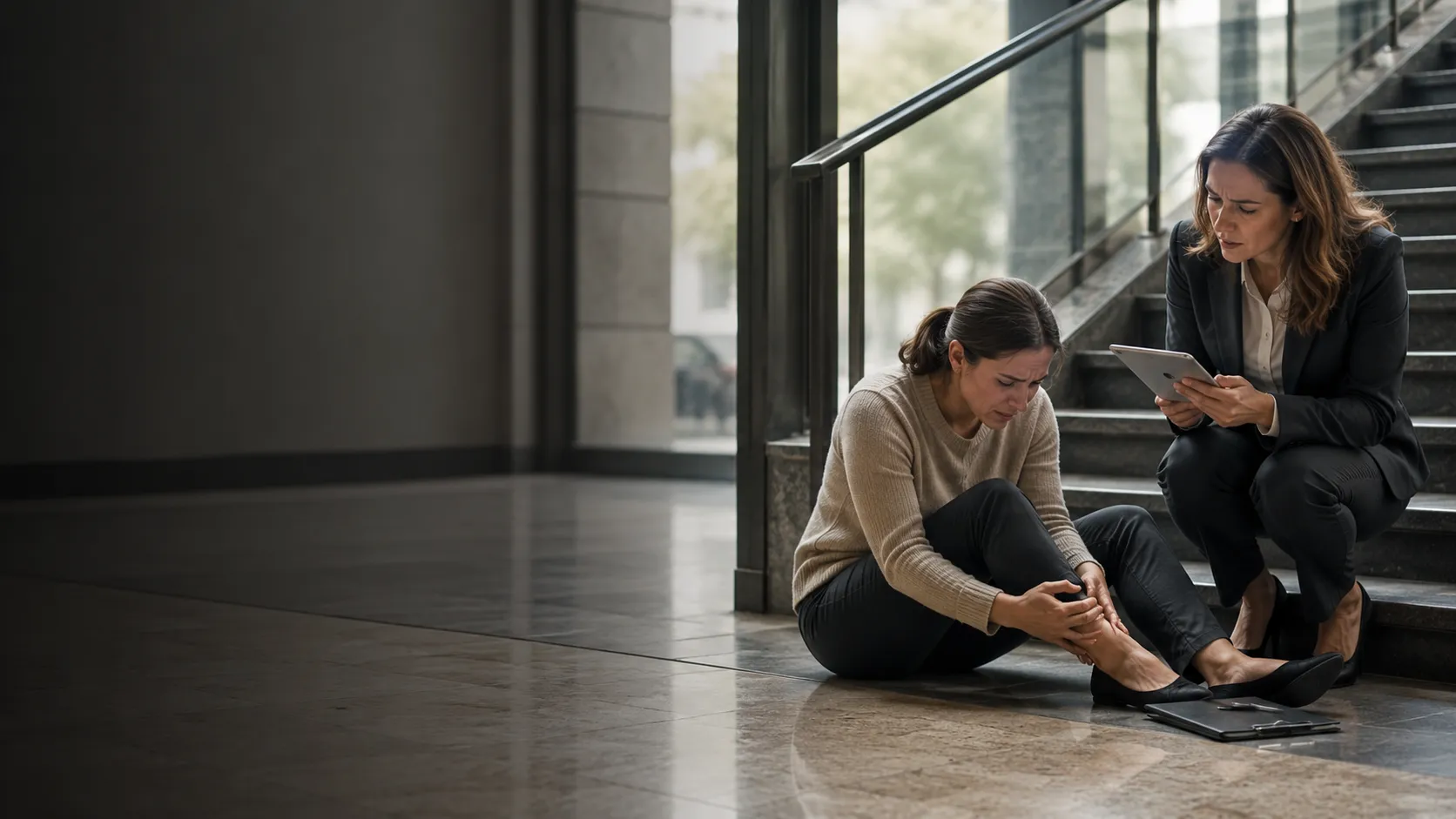 An injured client in a wrist brace reviewing claim paperwork with an attorney
