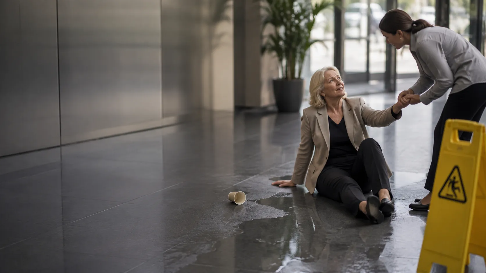A woman on the floor of a lobby holding her leg beside a wet floor sign