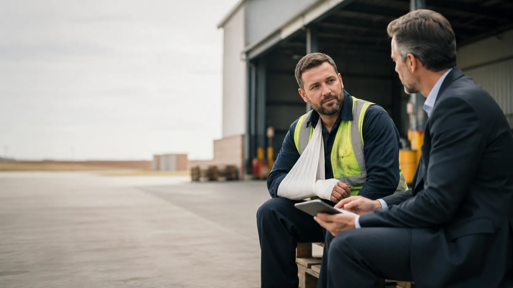 An injured worker in a neck brace and arm sling discussing a claim with an attorney